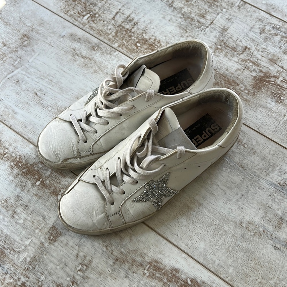 Golden Goose Off-White Leather Low-Top Sneakers with Silver Glitter Star